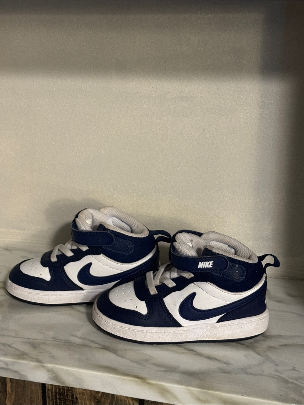 Nike Kids Navy and White High-Top Sneakers with Hook-and-Loop Strap